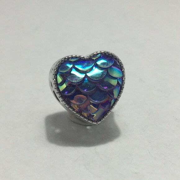 Sterling Silver Charm Heart Bead Iridescent Multicolor Mermaid Fish Scales - Picture 5 of 13